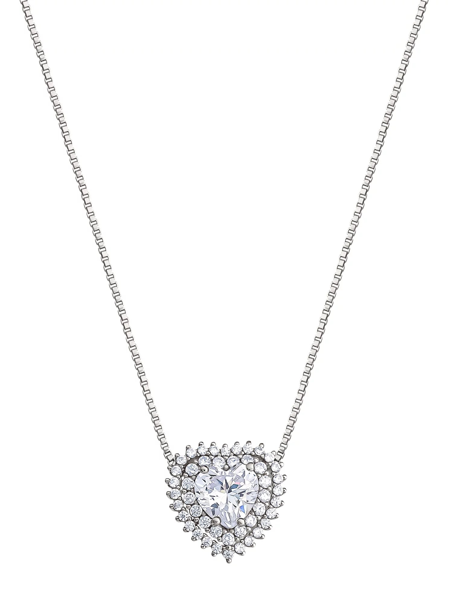 Fine Silver Plated Cubic Zirconia Heart Necklace, 18" +2"