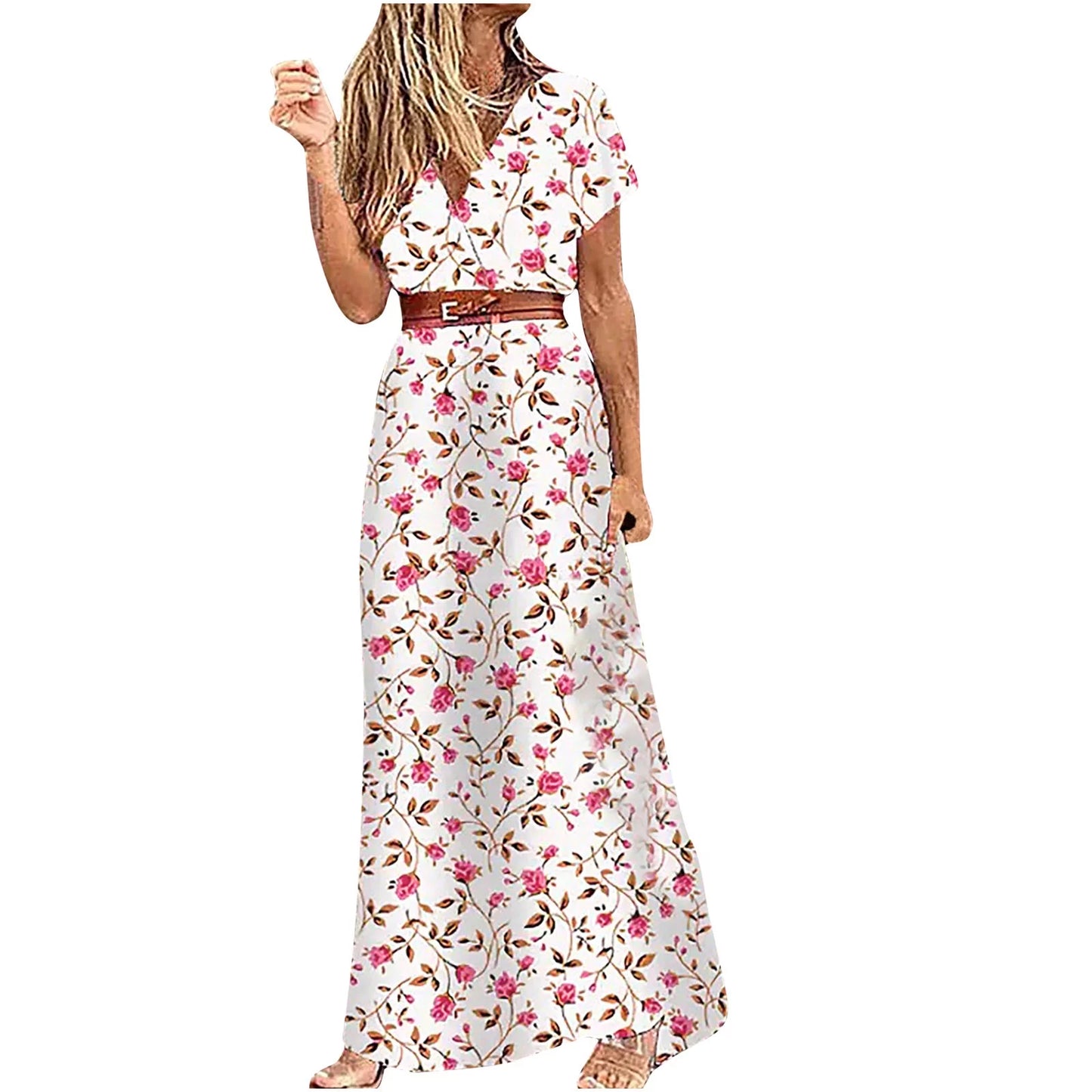 VKEKIE Womens Prom Long Dresses Clearance,Casual Summer Dresses,V-Neck Short Sleeve Floral White L