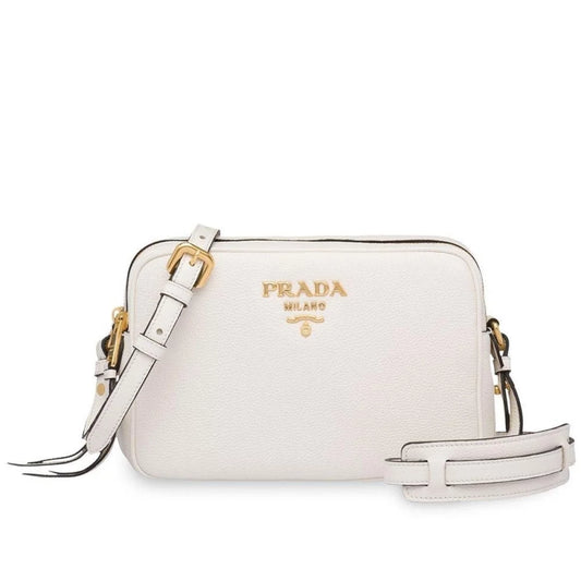 New  Vitello Phenix White Leather Double Zip Camera Crossbody 1BH079