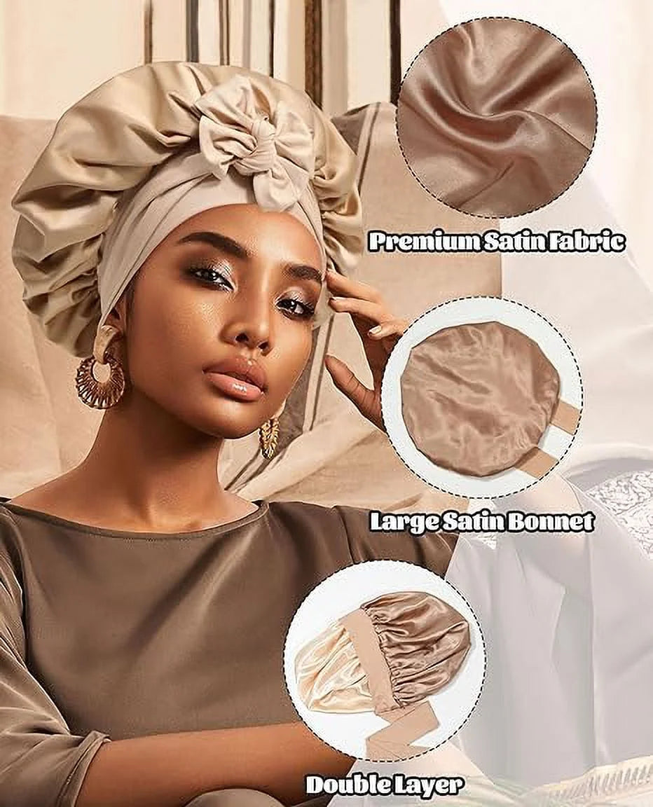 Satin Bonnet Silk Bonnet for Sleeping Silk Sleep Cap Double Layer Hair Bonnet with Elastic Tie Band for Curly Hair Night Cap